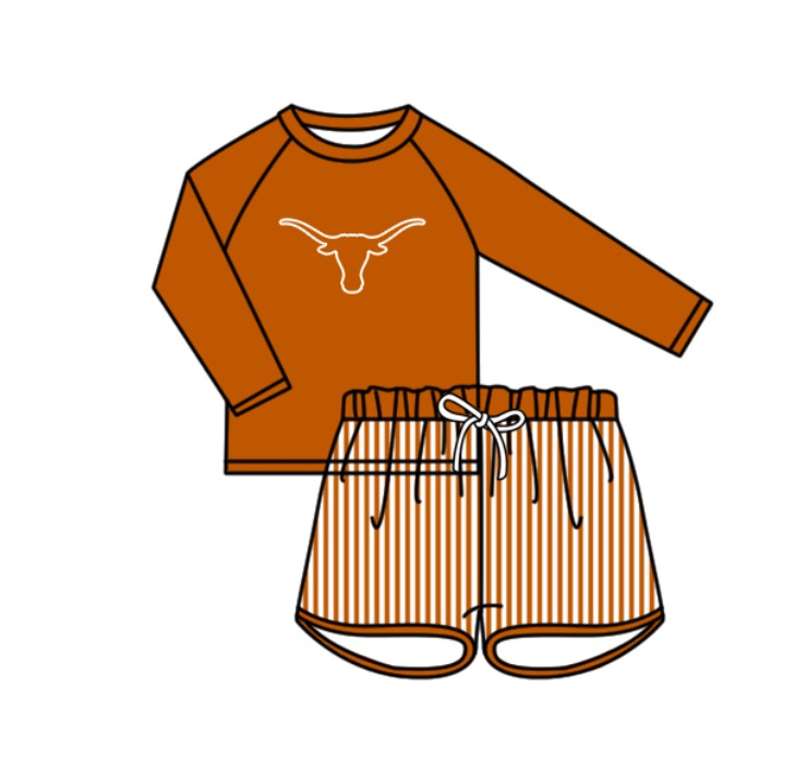 Custom moq 5 mix size milk silk summer teams baby girl boys clothes Brown Two-Piece Swimsuit Set One Piece Swimsuits boy swim trunks