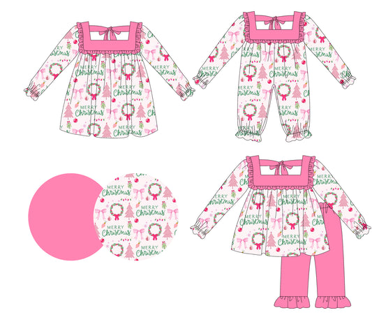 25.6.5 custom each style moq 5eta 4-6week Sibling Sisters Christmas pink baby girl long sleeve pants sets and dress and rompers match family design