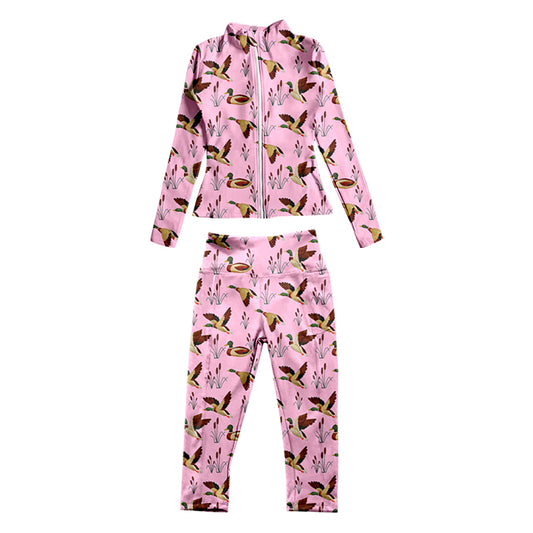 7.3 custom each style moq 5eta 4-6week baby girls clothes duck pink Yoga Suit Zipper Long Sleeve Pants Set