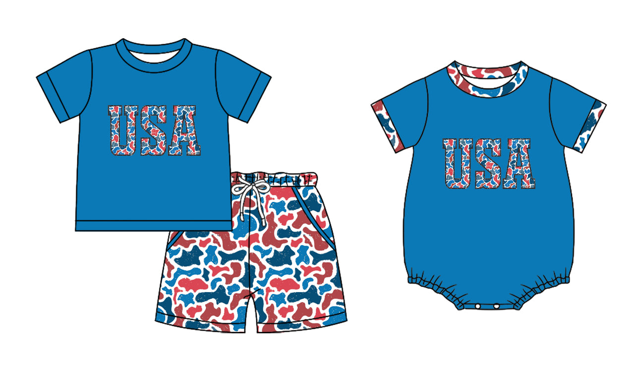 2.28 Custom moq 5 mix size Sibling Blue Baby Boys 4th of July  Romper Short-Sleeved Top And Camo Shorts Set