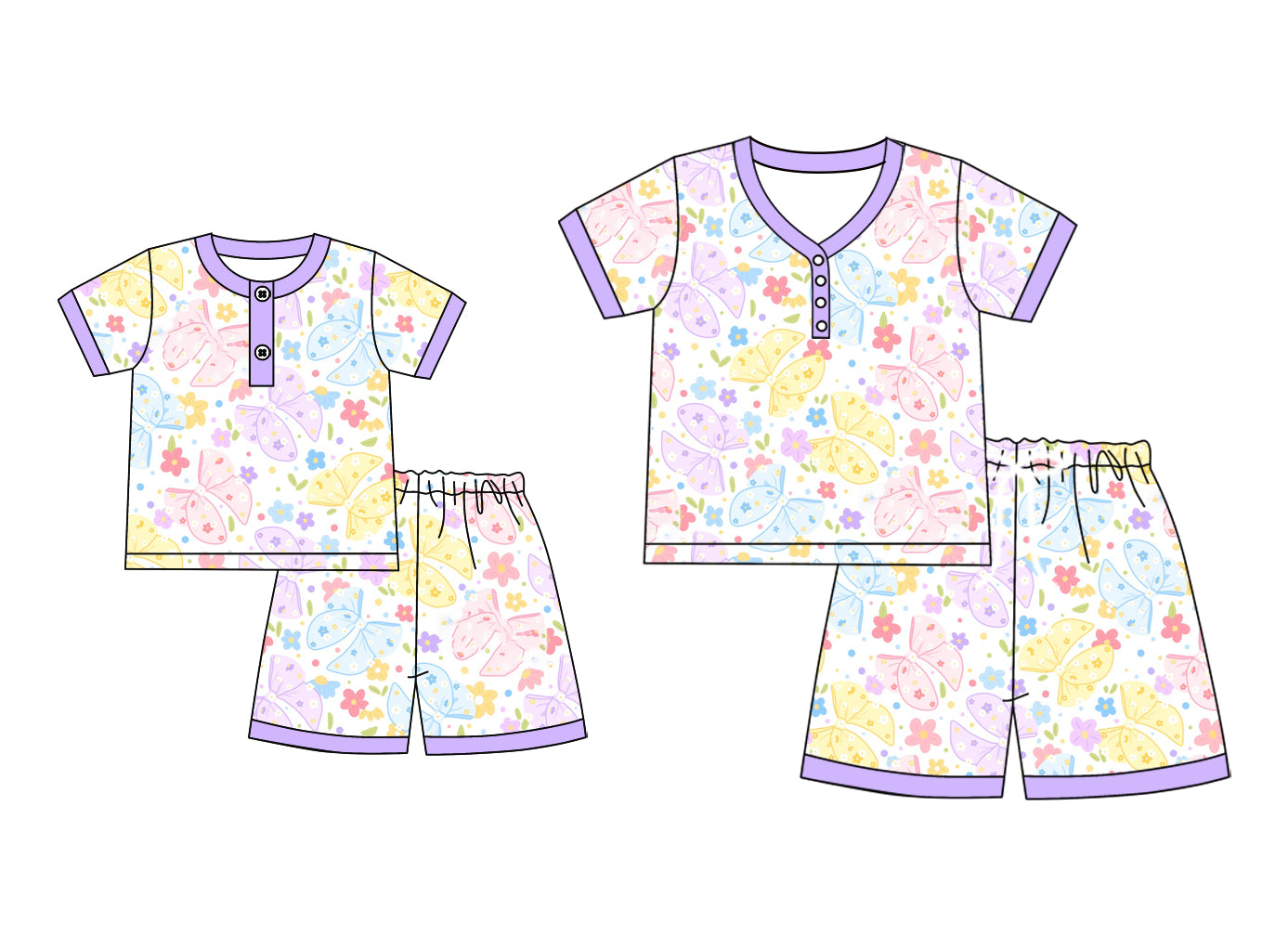 4.23 custom each style moq 5eta 4-6week Sibling Sister floral bow short sleeve shorts sets and adult sets match design