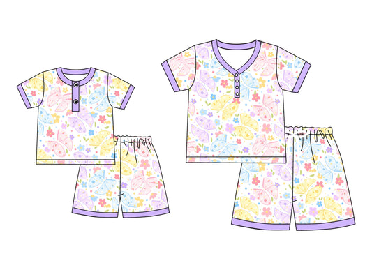 4.23 custom each style moq 5eta 4-6week Sibling Sister floral bow short sleeve shorts sets and adult sets match design