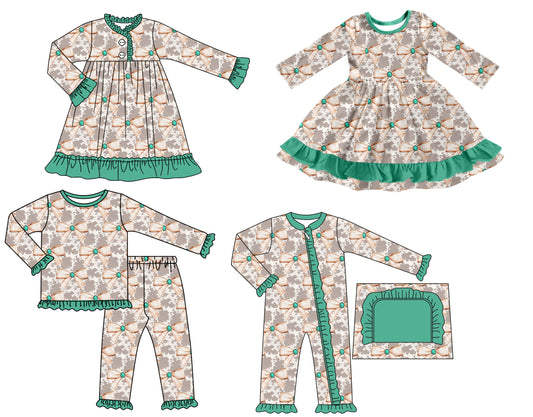 25.7.15 custom each style moq 5 eta 4-6week Sibling Sisters bow baby girl long sleeve pants sets and romper and dress 1 and dress 2 match family design