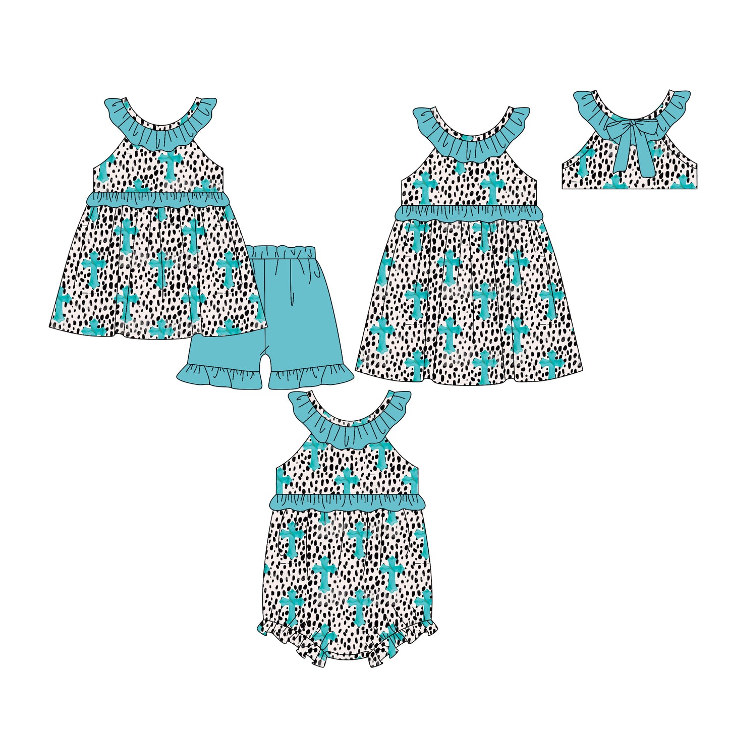 25.12.20 custom each style moq 5 eta 6-8week Sibling Sister catcus baby short sleeve shorts sets and romper and dress match design