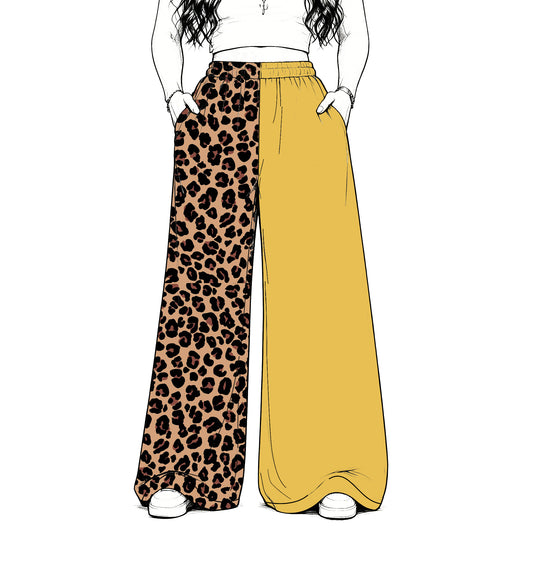 custom moq 5 mix size Baby Kids Leopard Print Mustard Patchwork Team Flare Pant Casual Bottom