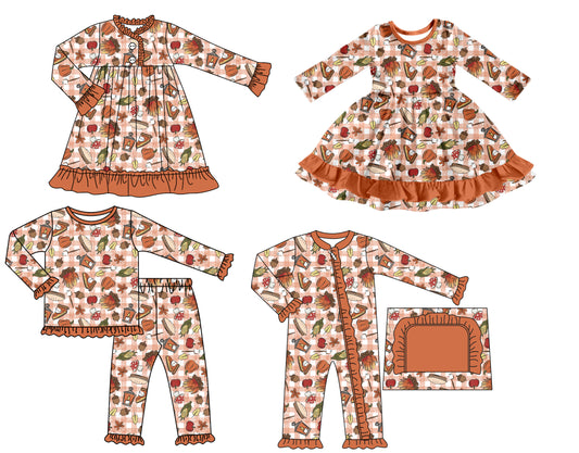 25.7.7 custom each style moq 5 eta 4-6week Sibling Sisters baby girl long sleeve pants sets and romper and dress 1 and dress 2 match family design