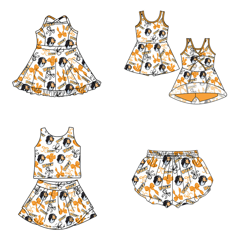 Custom moq 5 mix size milk silk summer teams Baby Girls Orange Bow Vest Top Skirt Shorts Sets Sleeveless Knee Length Dresses Yoga Shorts Yoga Active Outfit