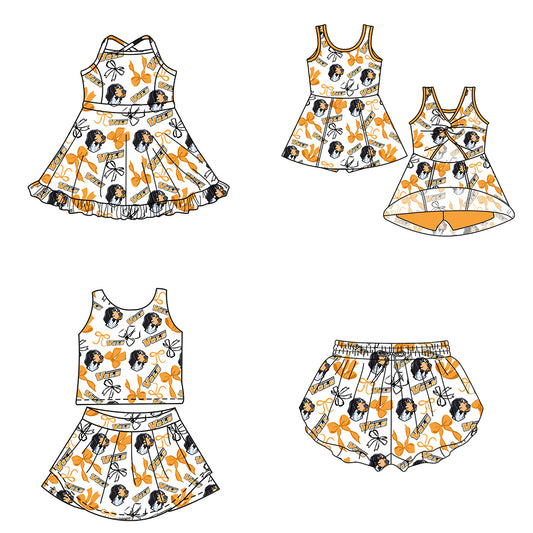 Custom moq 5 mix size milk silk summer teams Baby Girls Orange Bow Vest Top Skirt Shorts Sets Sleeveless Knee Length Dresses Yoga Shorts Yoga Active Outfit