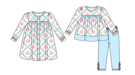 25.5.21 custom each style moq 5eta 4-6week Sibling Sisters pumpkin bow floral blue baby girl long sleeve pants sets and dress match family design