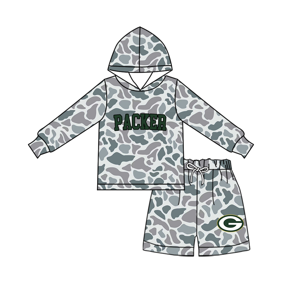 custom moq 5 mix size MSD072405 Baby Kids Grey Camo Long Sleeve Hoodie Top Camo Shorts Team Set