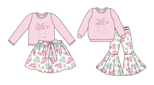 25.9.13 custom each style moq 5eta 6-8week Sibling Sister bow floral baby girl long sleeve pants sets and dress match family design