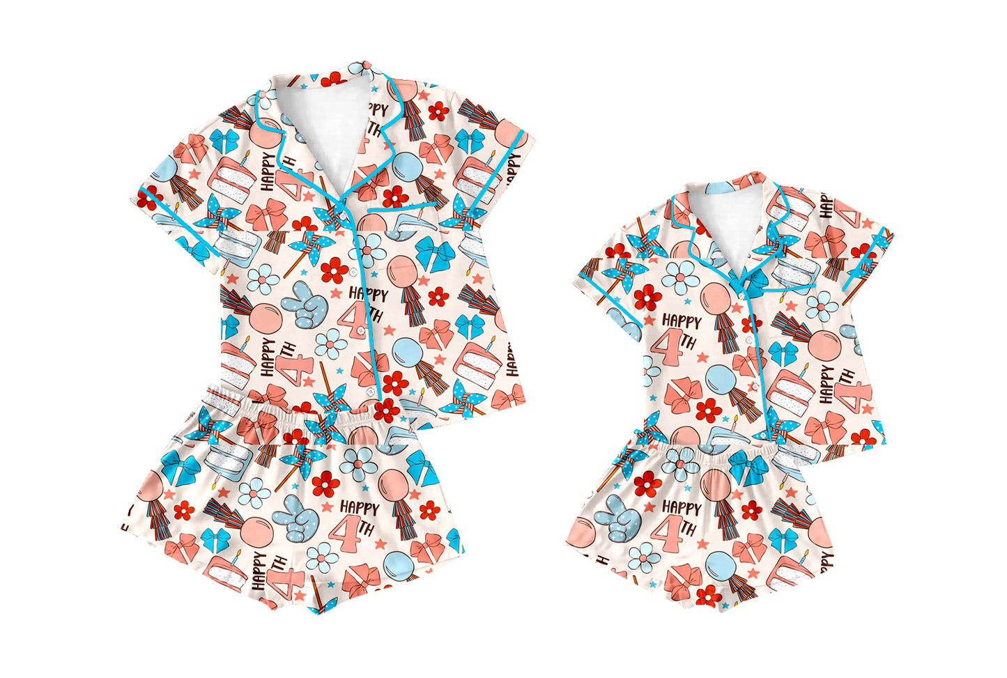 4.13 Custom moq 5 mix size Sibling Mom And Me Flowers Bows  Short-Sleeved Top And Shorts Pajama Set Summer Sleepwear