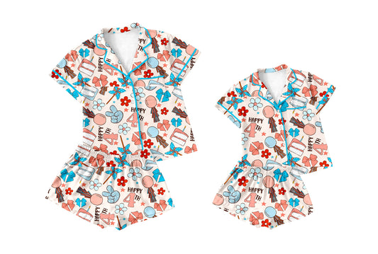 4.13 Custom moq 5 mix size Sibling Mom And Me Flowers Bows  Short-Sleeved Top And Shorts Pajama Set Summer Sleepwear