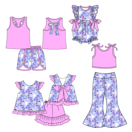 4.22 custom each style moq 5eta 4-6week Sibling Sisters cow head floral baby girl short sleeve shorts sets 1 and sets 2 and pants sets and rompers match family design