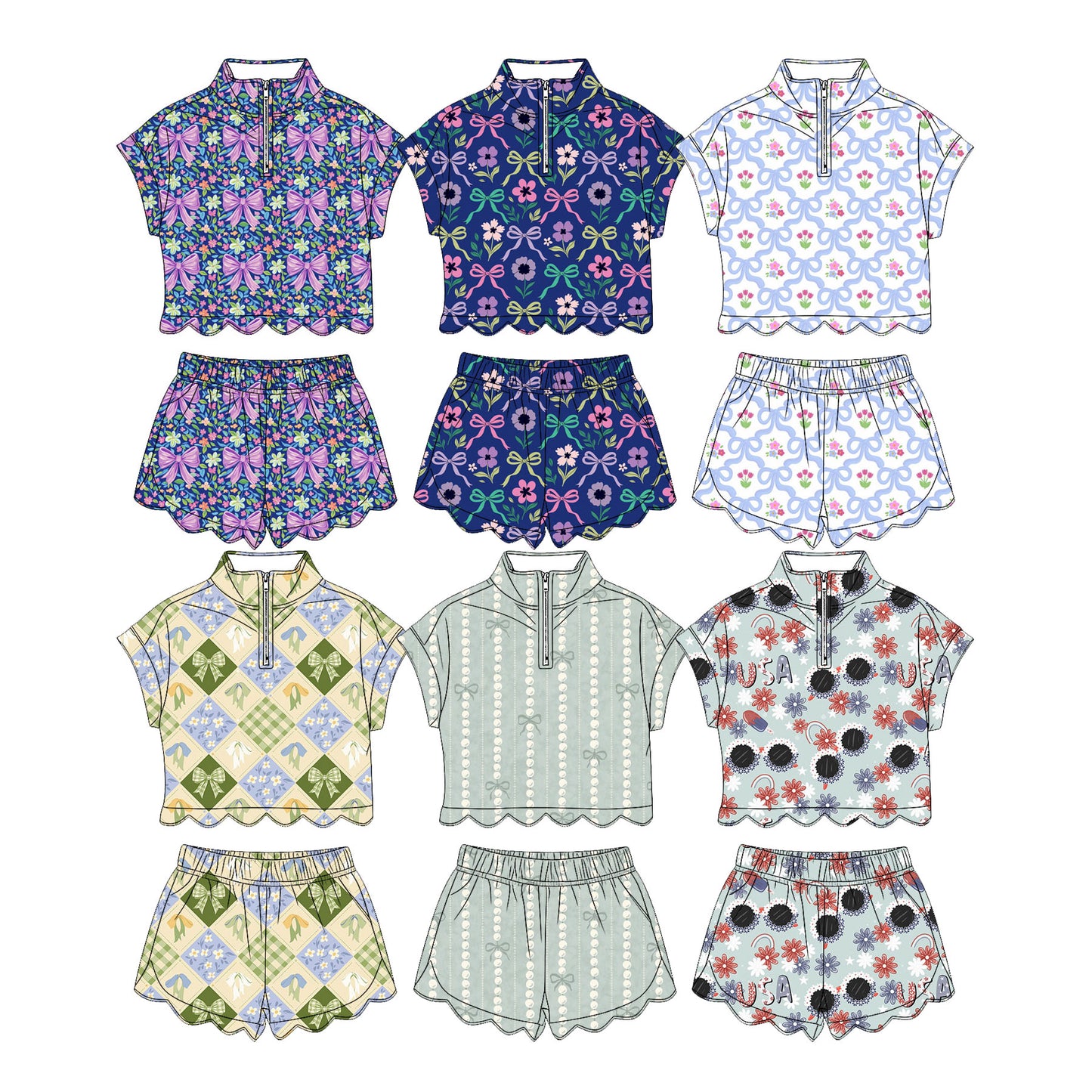 3.17 Custom moq 5 mix size Sibling Baby Girls Bows Zipper Top Short Scallop Summer Outfit
