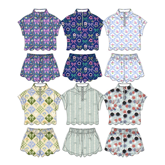 3.17 Custom moq 5 mix size Sibling Baby Girls Bows Zipper Top Short Scallop Summer Outfit