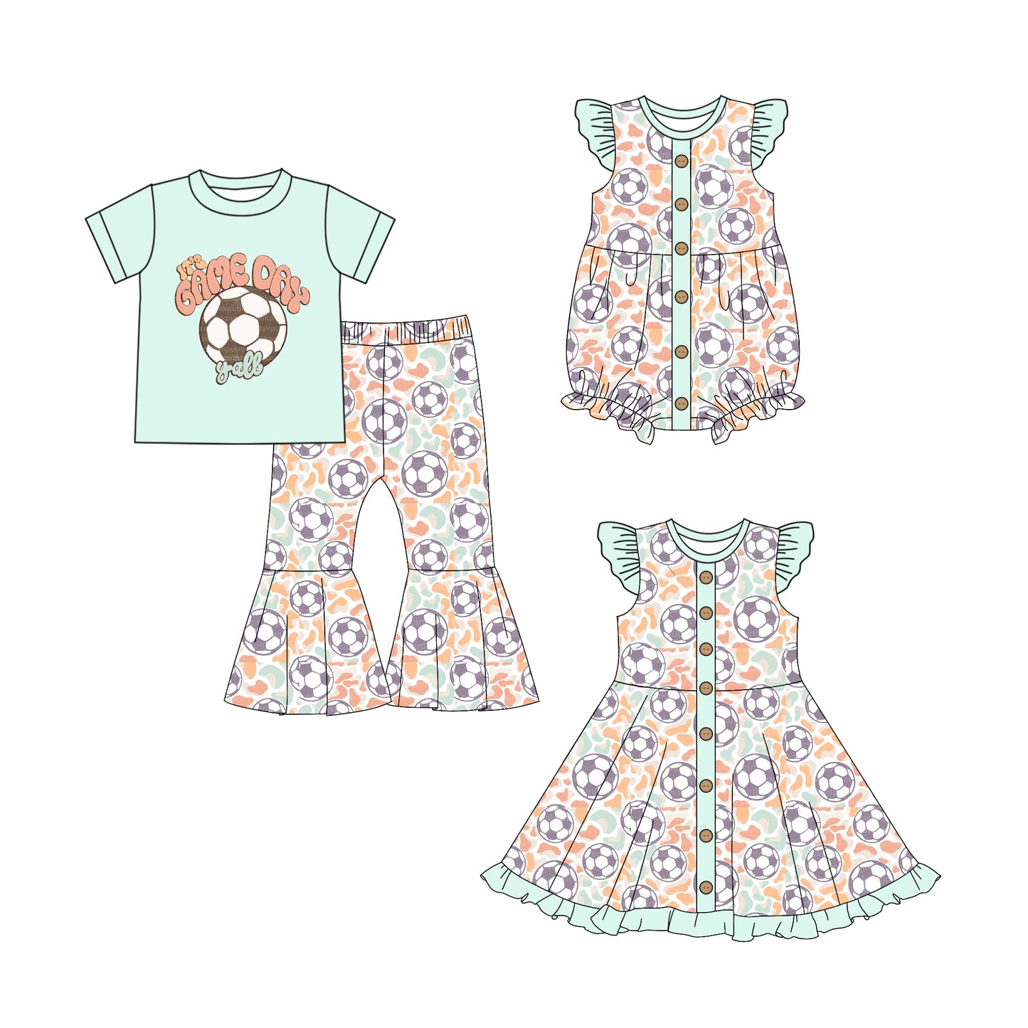 5.1 custom each style moq 5eta 4-6week Sibling Sisters soccer baby girl short sleeve pants sets and dress and rompers match family design