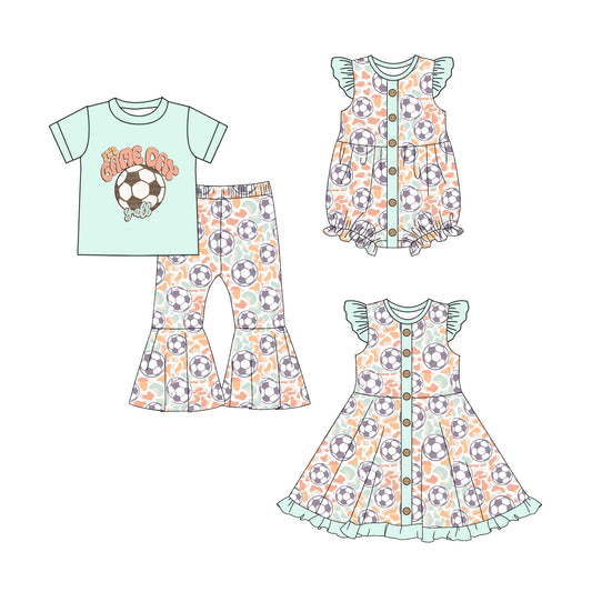 5.1 custom each style moq 5eta 4-6week Sibling Sisters soccer baby girl short sleeve pants sets and dress and rompers match family design