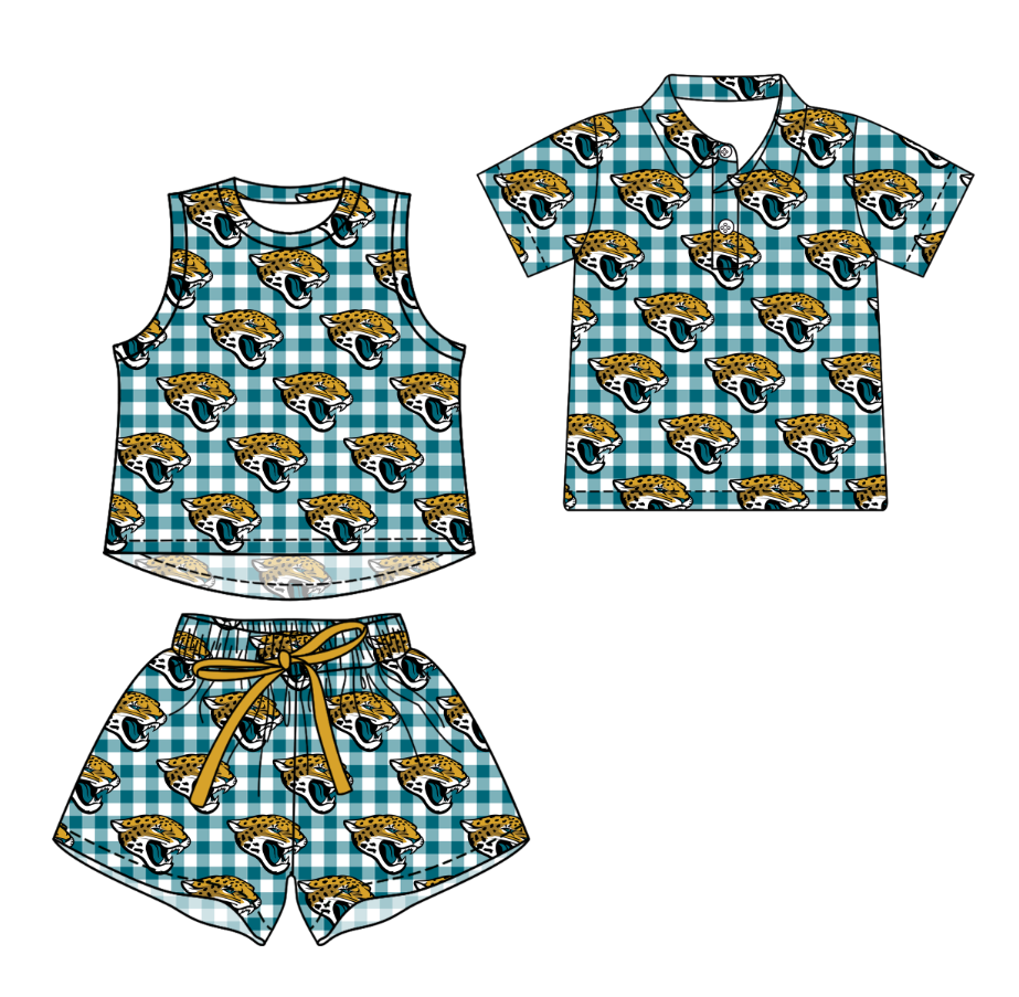 Custom moq 5 mix size milk silk summer teams Girls Dark green Checked Top And Drawstring Short Sets Boys Checked Short Sleeve Button Polo Shirt Top