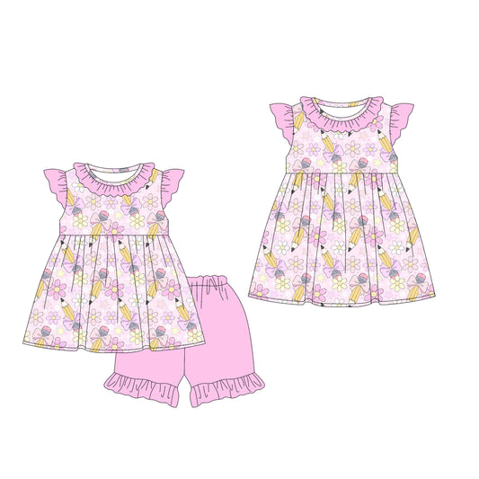 25.12.24 custom each style moq 5 eta 6-8week Sibling Sister pencil bow baby short sleeve shorts sets and dress match design