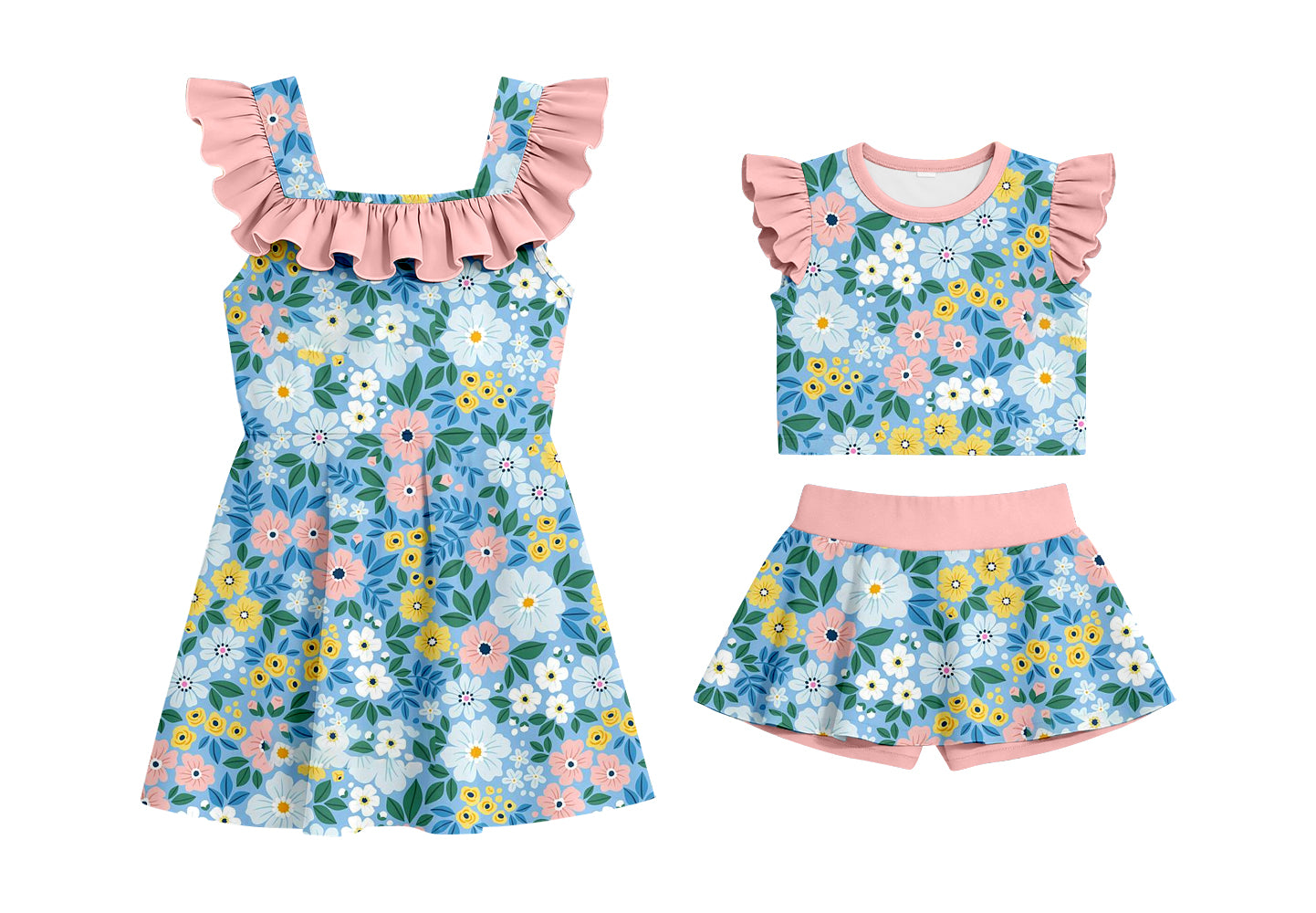 Custom moq 5 mix size Sibling Baby Girl Floral Print Sleeveless Top And Shorts Set Dress Cute Summer Outfit