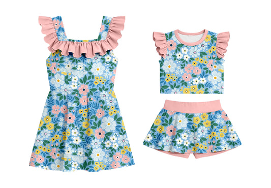 Custom moq 5 mix size Sibling Baby Girl Floral Print Sleeveless Top And Shorts Set Dress Cute Summer Outfit