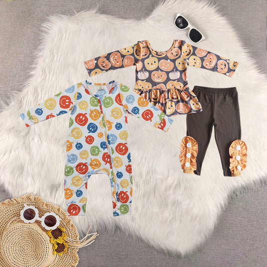 RTS NO MOQ Sibling Baby boys halloween pumpkin long-sleeved trousers suit & romper