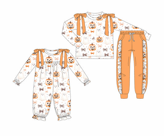 25.7.1 custom each style moq 5eta 4-6week Sibling Sisters pumpkin bow baby girl long sleeve pants sets and rompers match family design