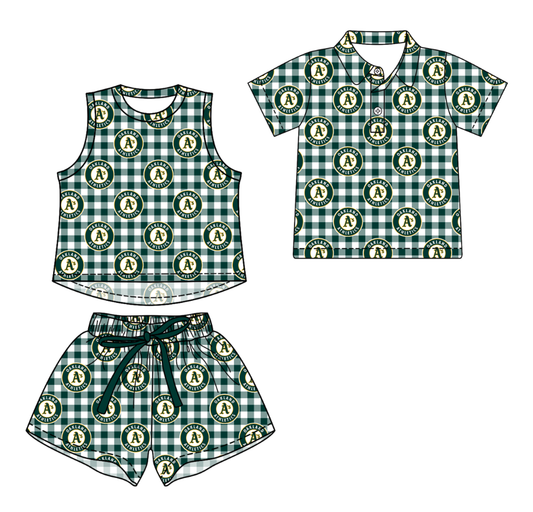 Custom moq 5 mix size milk silk summer teams Girls Sleeveless Green Checked  Top And Short Sets Boys Short Sleeve Button Polo Shirt Top