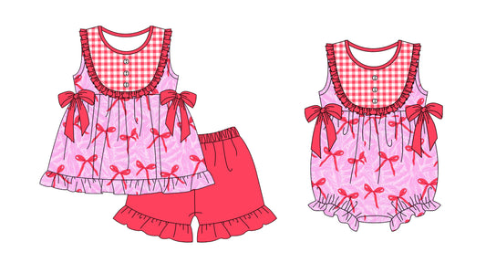 11.21 custom each style moq 5eta 4-6week Sibling Sister bow baby girl short sleeve shorts sets and rompers match design