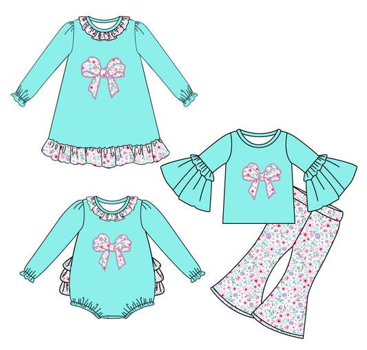 25.7.12 custom each style moq 5eta 4-6week Sibling Sisters bow teal baby girl long sleeve pants sets and dress and rompers match family design