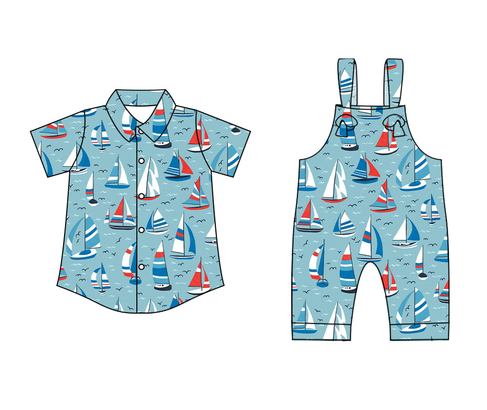 25.12.29 custom each style moq 5 eta 6-8 week Sibling Sister boat baby boy short sleeve top and jumpsuit match family design
