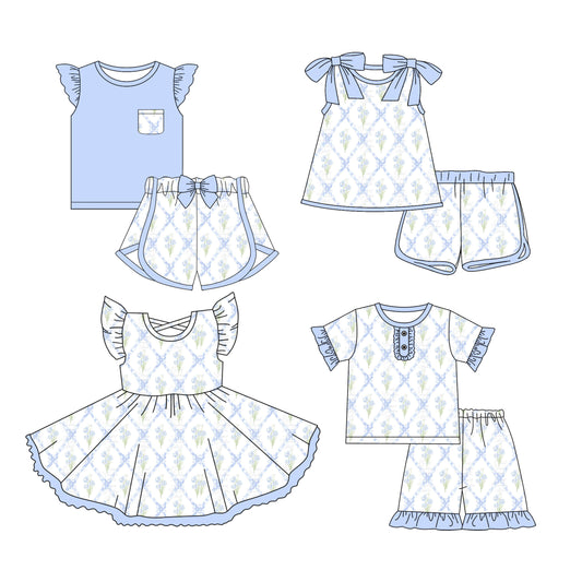 3.12 custom each style moq 5eta 4-6week Sibling Sister bow floral baby girls short sleeve set and set 2 and sets 3 and dress match design