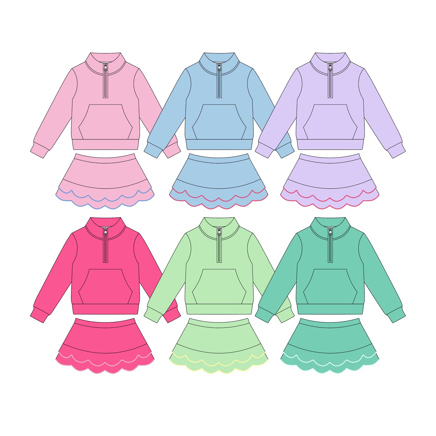4.3 Custom moq 5 mix size Sibling Baby Girls Solid Color Long-Sleeved Zip-Up Top with Pockets Scallop Short Skirt Set
