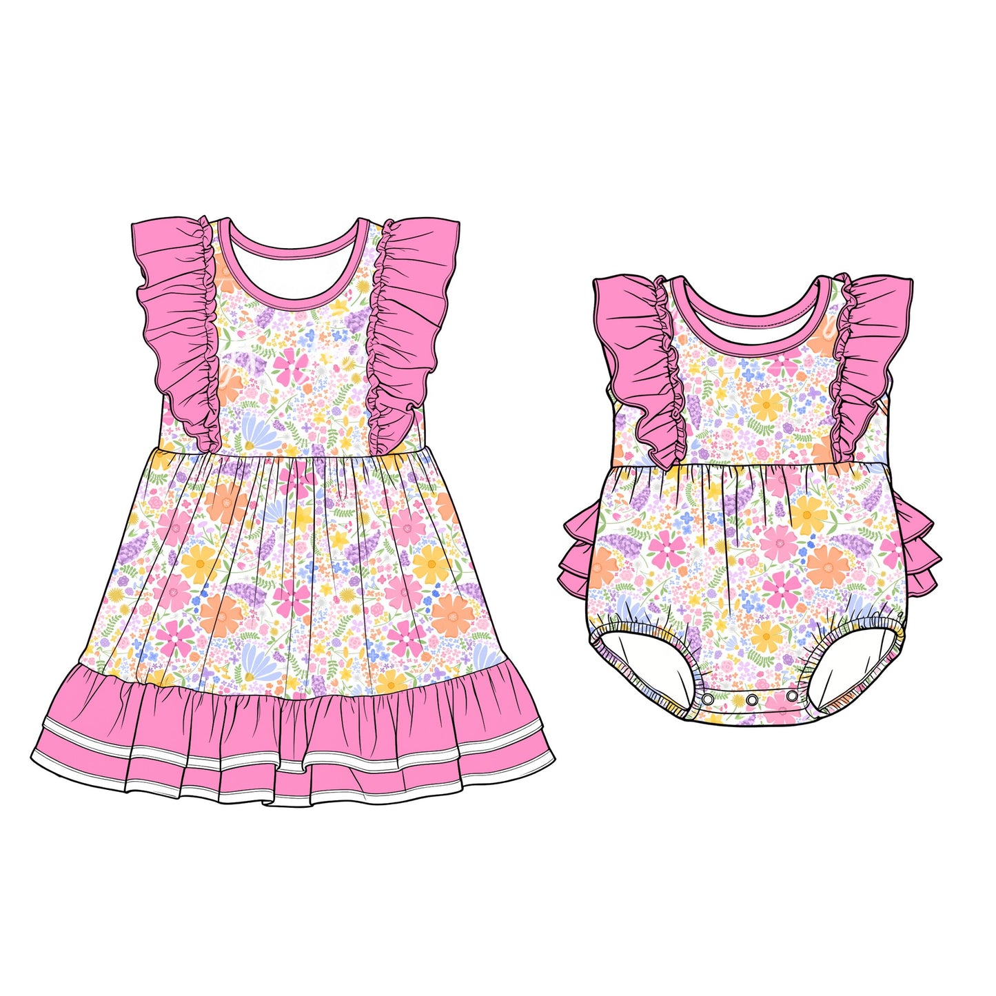 26.1.23 custom each style moq 5 eta 6-8week Sibling Sister floral baby short sleeve romper and dress match design
