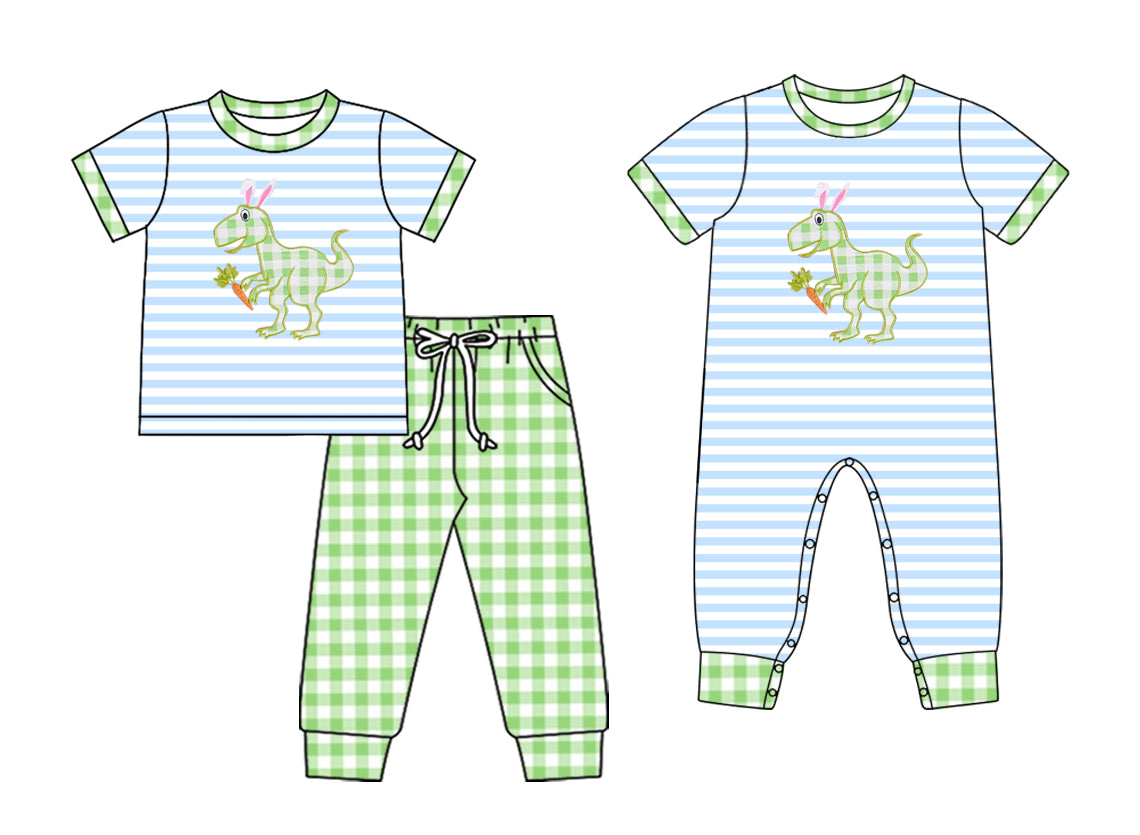 25.12.12 custom each style moq 5 eta 6-8week Sibling Sisters easter dinosaur baby boy clothes short sleeve pants sets and romper match family design