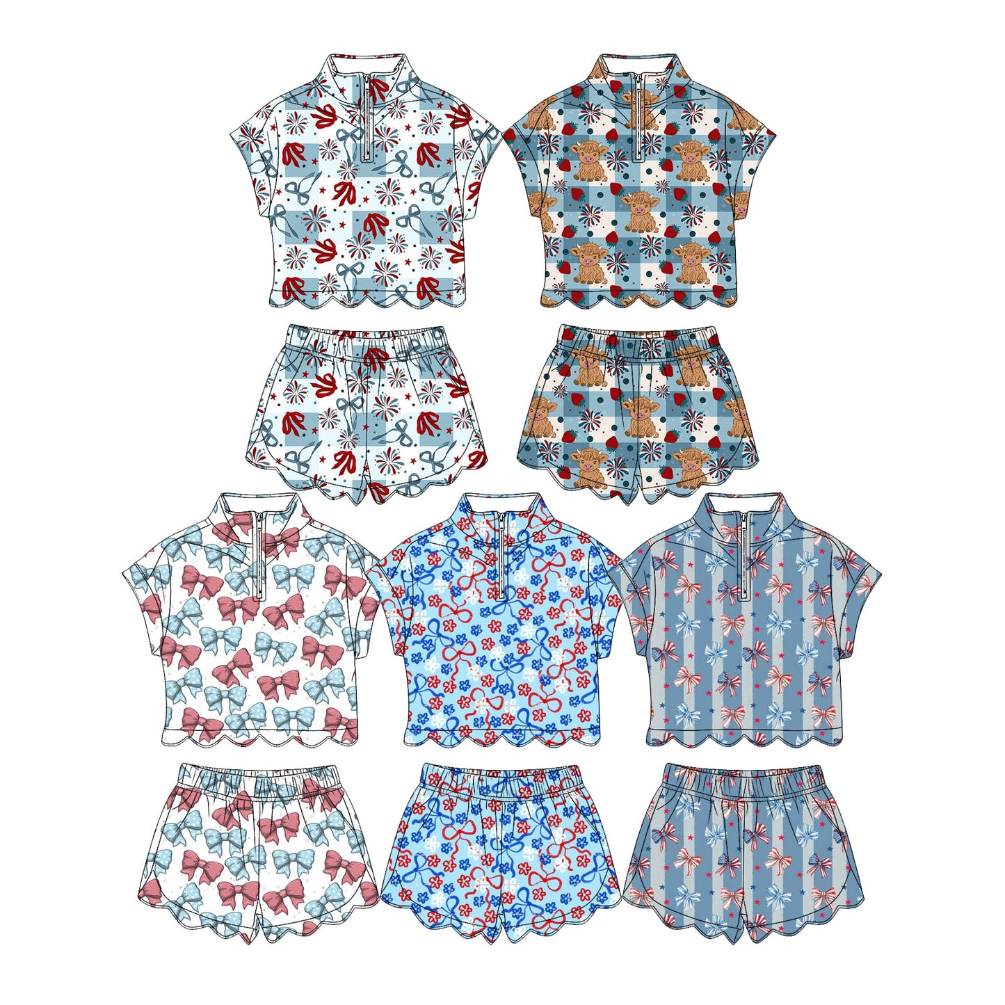 3.20 Custom moq 5 mix size Sibling Baby Girls 4th of July Bows Zipper Top Short Scallop Summer Outfit