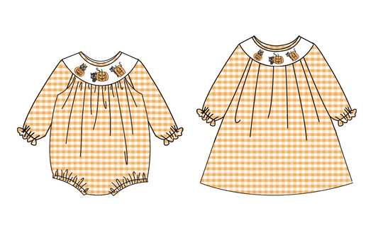25.5.14 custom each style moq 5eta 4-6week Sibling Sisters pumpkin baby girl long sleeve dress and rompers match family design