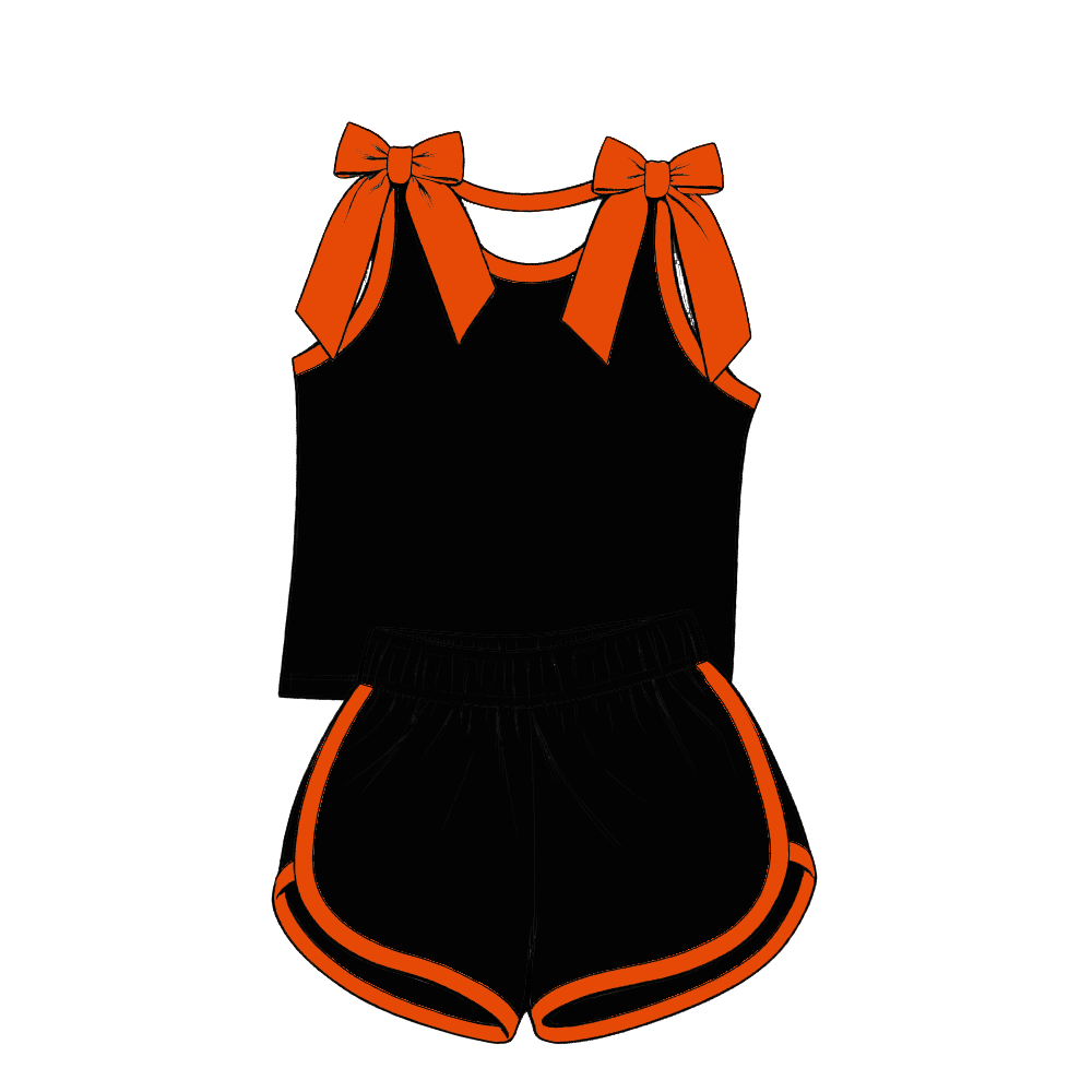 custom moq 5 mix size Baby Girls Orange Bow Sleeveless Top Shorts Summer Casual Clothes Set