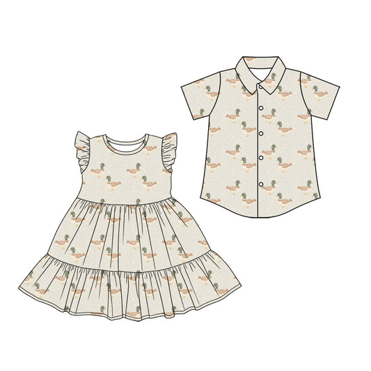 3.21 Custom moq 5 mix size Sibling Baby Girl's Duck Flutter Sleeves Knee-Length Dress Matching Boy's Short-Sleeved Button-Down Shirt Outfit Set