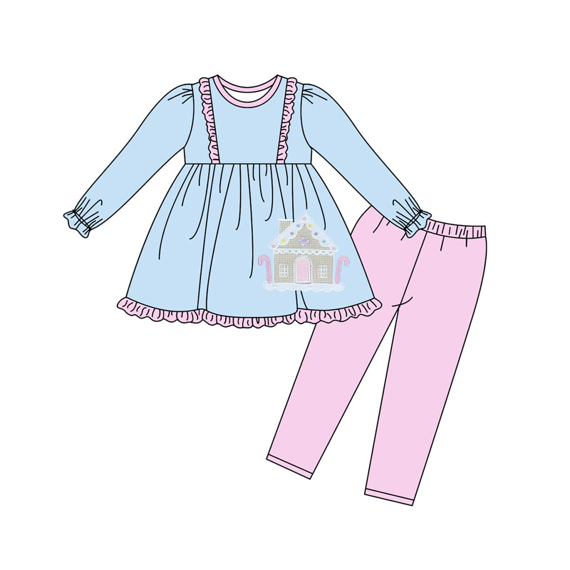 9.13 custom each style moq 5eta 4-6week Sibling Sister Christmas pink and blue house baby girl sets and dress and rompers match family design