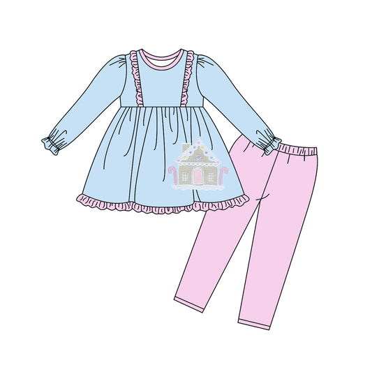 9.13 custom each style moq 5eta 4-6week Sibling Sister Christmas pink and blue house baby girl sets and dress and rompers match family design