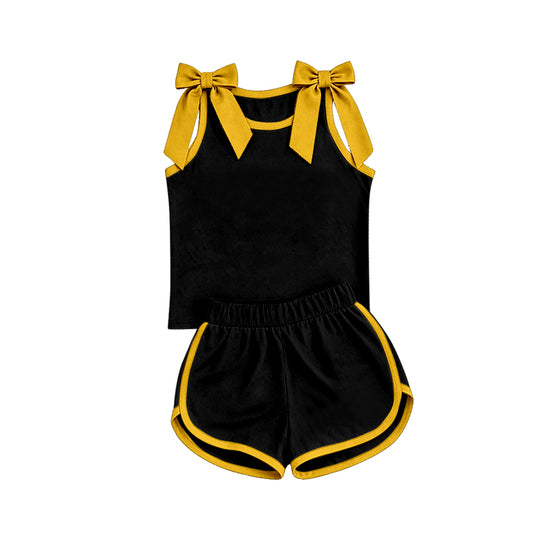 custom moq 5 mix size Baby Girls Yellow Bow Sleeveless Black Top Shorts Team Athletic Set