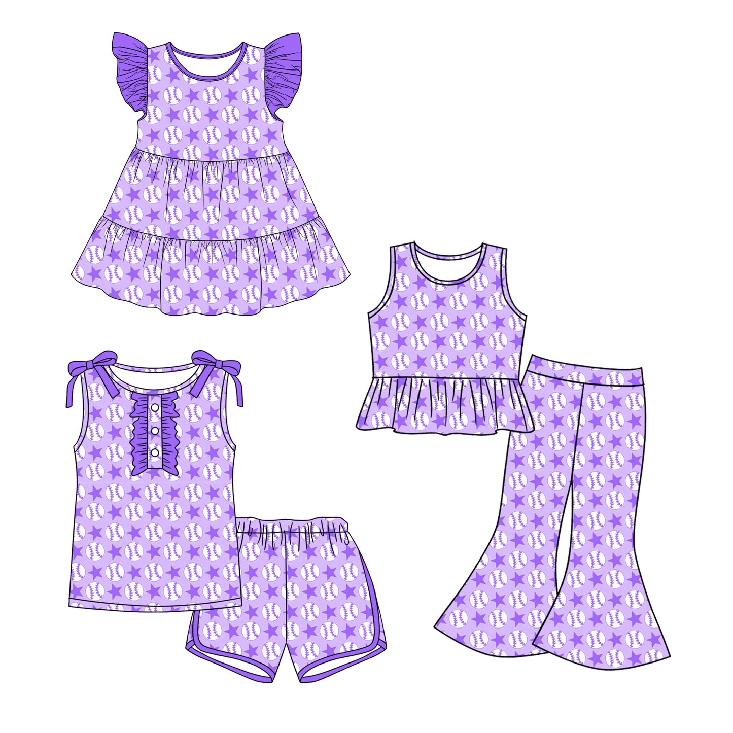Custom moq 5 mix size Sibling Baby Girl purple  Flutter-Sleeved Dress Sleeveless Top Shorts Set Or Trousers Set Casual Comfortable Outfit for Little Ones