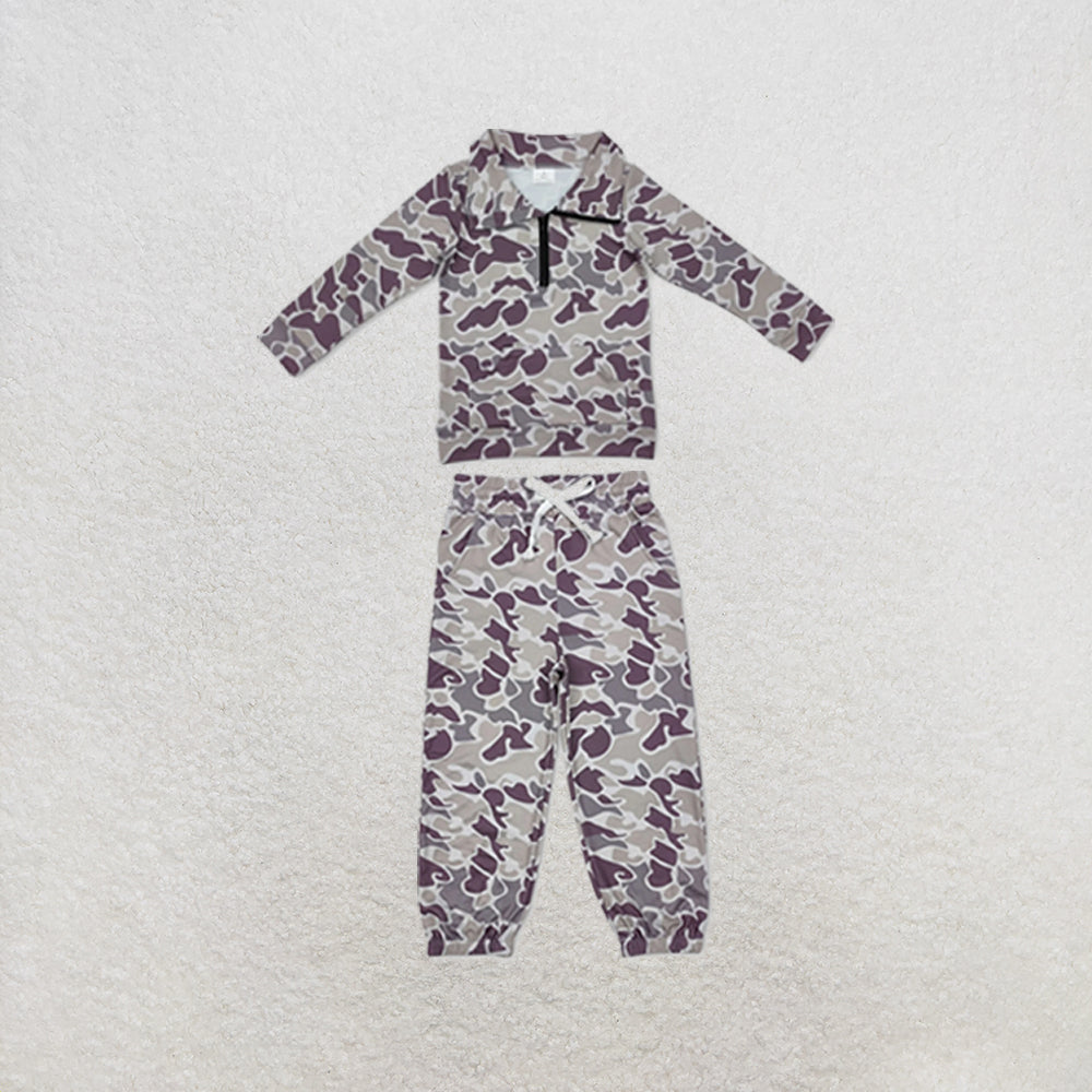 RTS NO MOQ Sibling milk silk Baby Boys Camo Print Long Sleeve Zip Pocket Pullover Matching Jogger Pant Two Piece Clothes Set