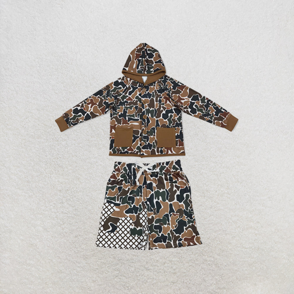 RTS NO MOQ Sibling milk silk Baby Boys Brown Camo Printed Hoodie Top Pocket Short Clothes Set Daily Outfit