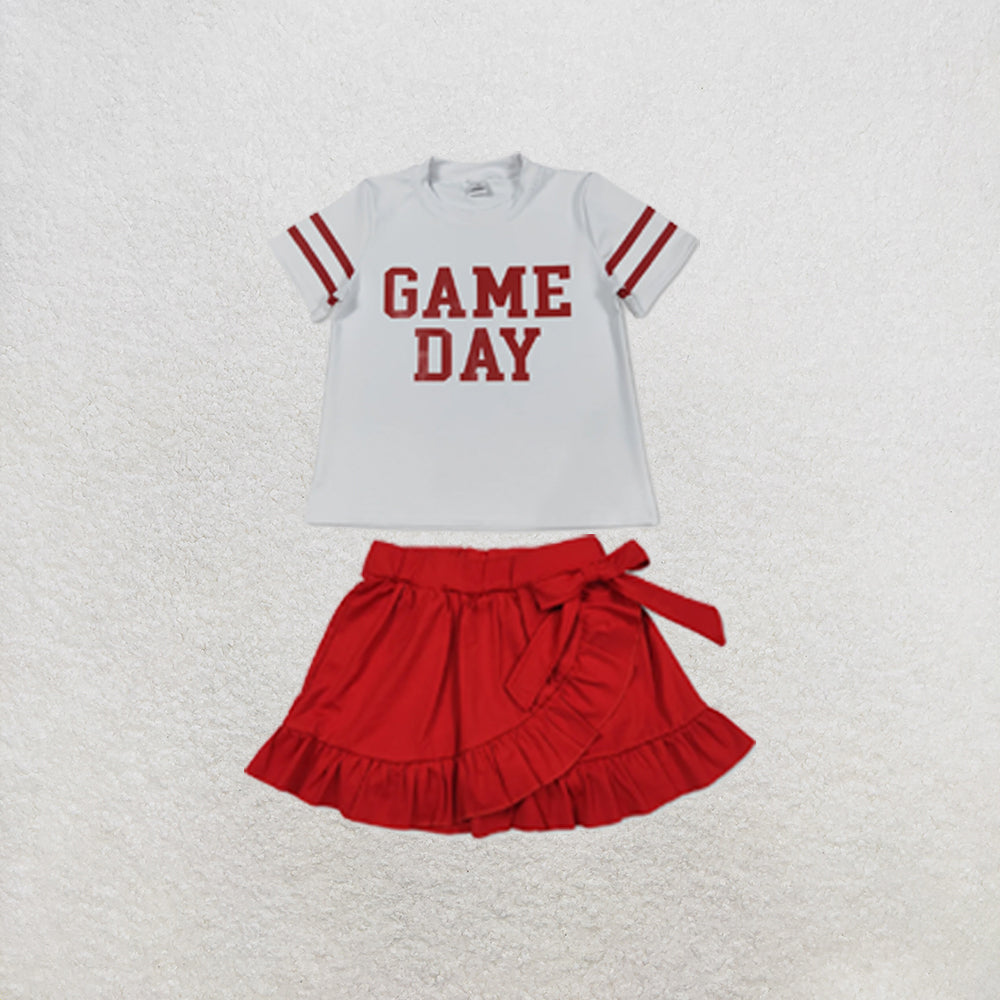 RTS NO MOQ Sibling yoga fabric Baby Girls Vinyl Red Game Day Print Top Matching Shorts Two Piece Team Active Clothes Set