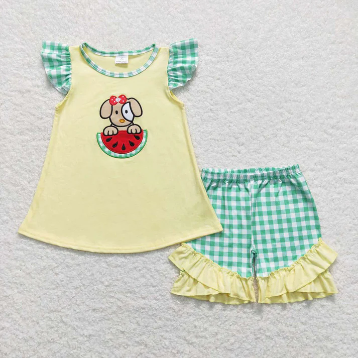 RTS NO MOQ  Baby Girls Dog Watermelon Sibling Boys Rompers Shorts Clothes Sets embroidery