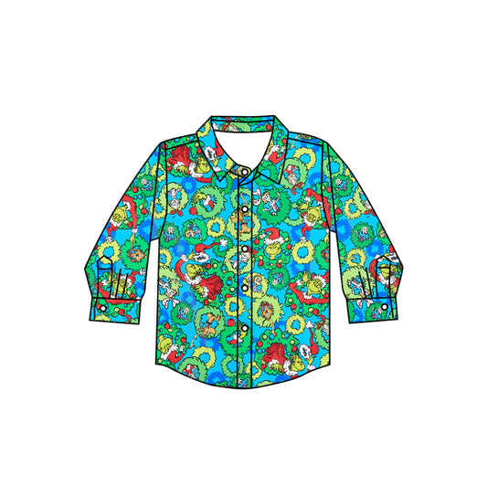 8.30 custom each style moq 5 eta 4-6week baby girls clothes Christmas green button long sleeve top