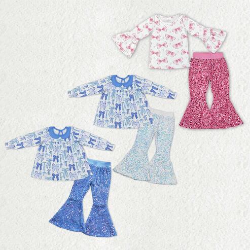 RTS NO MOQ Sibling Baby Girls Plaid Tunic with Bow Sequin Bell Bottom Pants Outfit Set